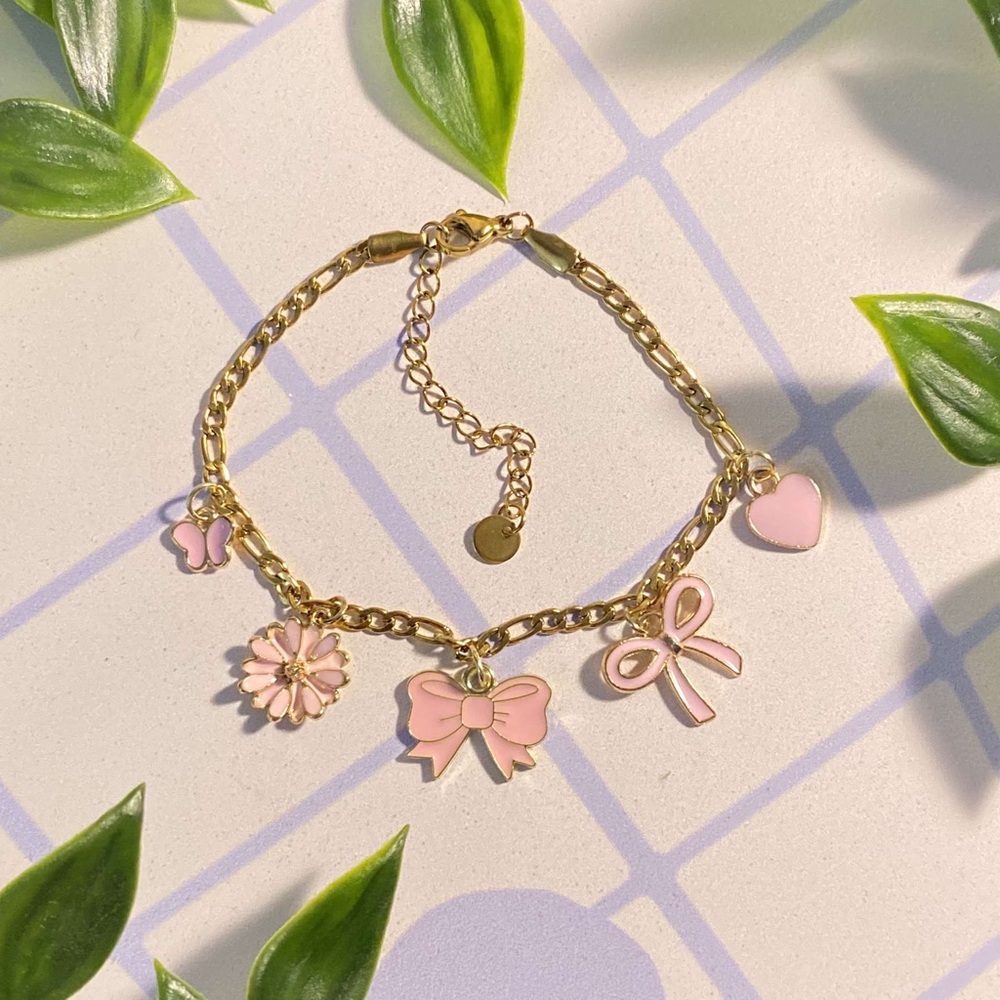Gold Charm Bracelet with Pink Accents